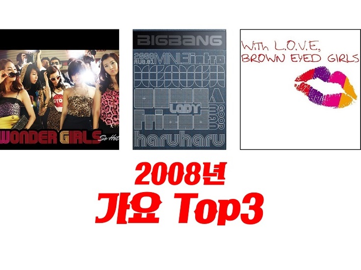 2000년대 댄스곡 2008년 히트곡 가요 TOP3 멜론차트 : So Hot (쏘 핫) - 원더걸스, 하루하루 - 빅뱅, Love (러브) - 브라운아이드걸스