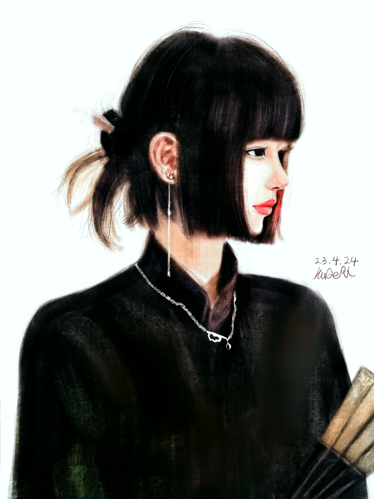 시크한 여성의 그림, 검은 드레스와 짧은 머리