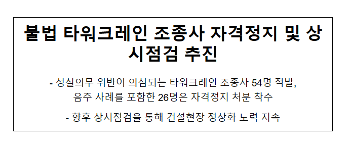 불법 타워크레인 조종사 자격정지 및 상시점검 추진 불법 타워크레인 조종사 자격정지 및 상시점검 추진