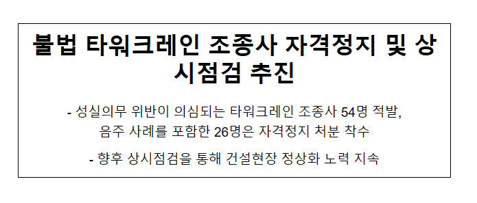 불법 타워크레인 조종사 자격정지 및 상시점검 추진