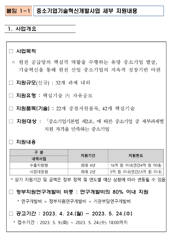 중소기업기술혁신개발사업(수출지향형)(2023년 원전 분야 중소기업 기술개발지원 통합 공고) 중소기업기술혁신개발사업(수출지향형)(2023년 원전 분야 중소기업 기술개발지원 통합 공고)