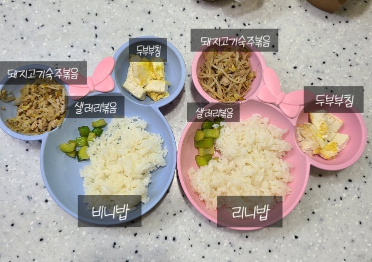  (6살, 2살 유아식) 돼지숙주볶음, 두부 계란부침, 샐러리 볶음