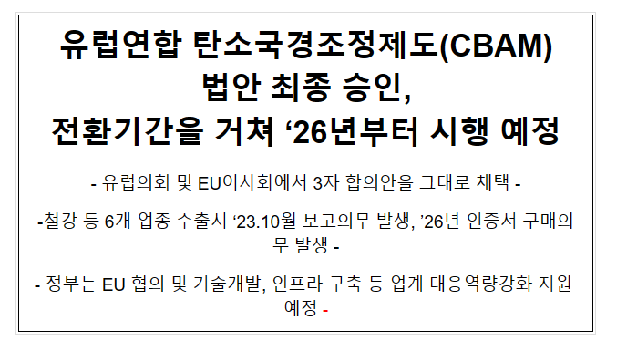 EU CBAM 법안 최종 승인, 전환기간을 거쳐 ‘26년부터 시행 예정