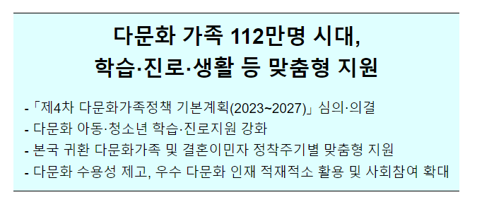 다문화 가족 112만명 시대, 학습·진로·생활 등 맞춤형 지원