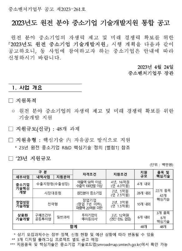 2023년 원전 분야 중소기업 기술개발지원 통합 공고 2023년 원전 분야 중소기업 기술개발지원 통합 공고