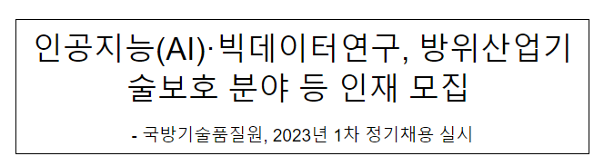 인공지능(AI)·빅데이터연구. 방위산업기술보호 분야 등 인재 모집(국방기술품질원) 인공지능(AI)·빅데이터연구. 방위산업기술보호 분야 등 인재 모집(국방기술품질원)