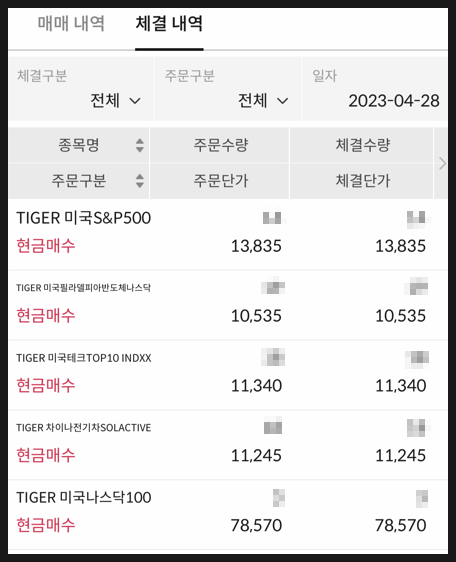 [762] 2023년 4월분 ETF 매수함 : 느리게, 꾸준히 적립식 매수 중 (TIGER ETF 시리즈 / S&P500·나스닥100·미국테크Top10·차이나전기차·필반나)