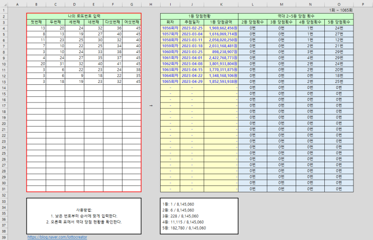 역대 로또 당첨번호 1회~1065회 엑셀 파일 다운로드(2023년 4월 29일 기준 최신 자료)