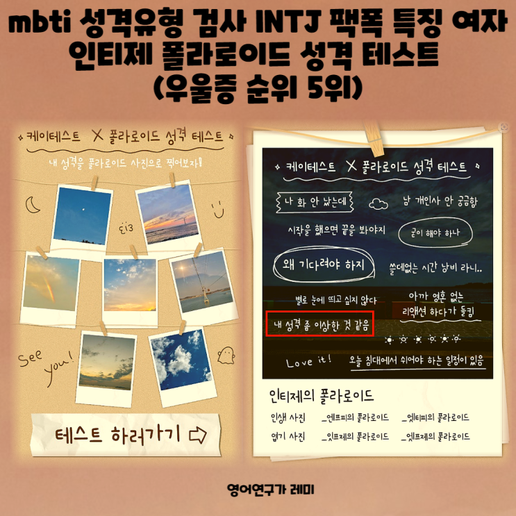 mbti 성격유형 검사 INTJ 팩폭 특징 여자 인티제 폴라로이드 성격 테스트 (우울증 순위 5위)