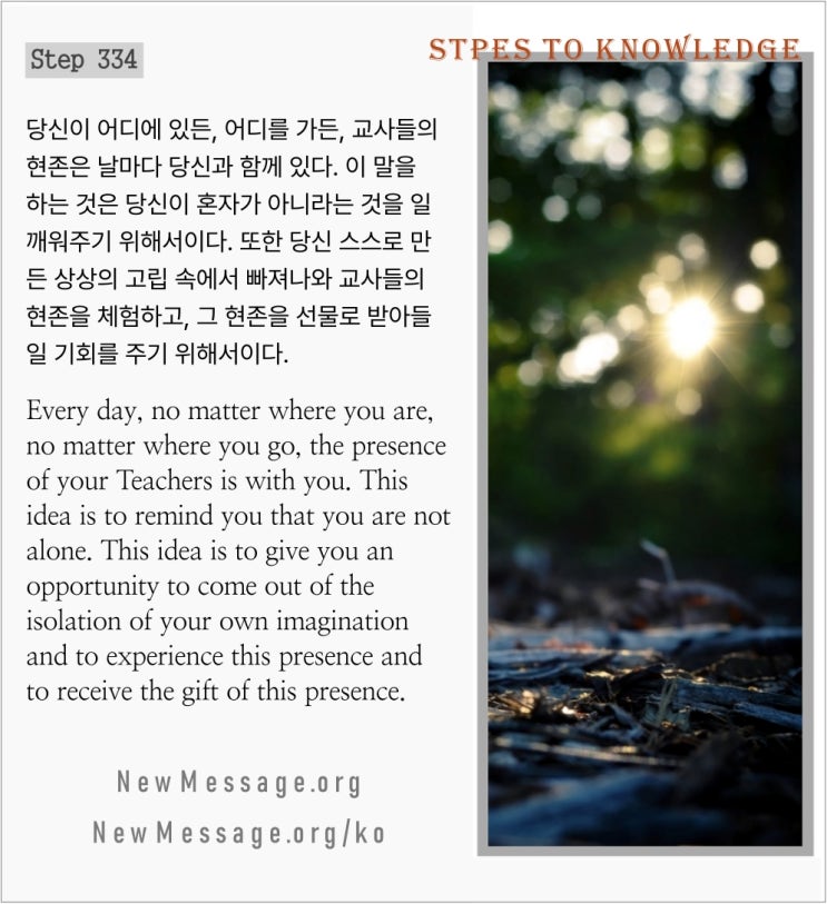 제 334 계단 : 교사들의 현존이 날마다 나와 함께 있다 The Presence of my Teachers is with me every day. 제 334 계단 : 교사들의 현존이 날마다 나와 함께 있다 The Presence of my Teachers is with me every day.