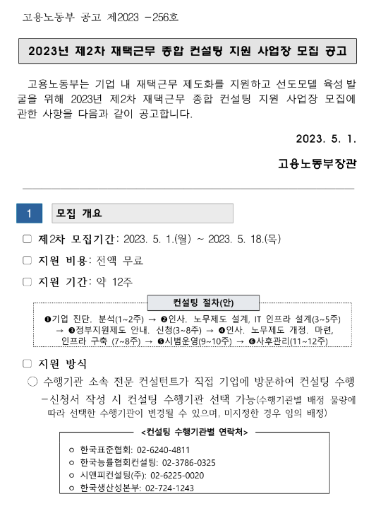 2023년 2차 재택근무 종합 컨설팅 지원 사업장 모집 공고 2023년 2차 재택근무 종합 컨설팅 지원 사업장 모집 공고