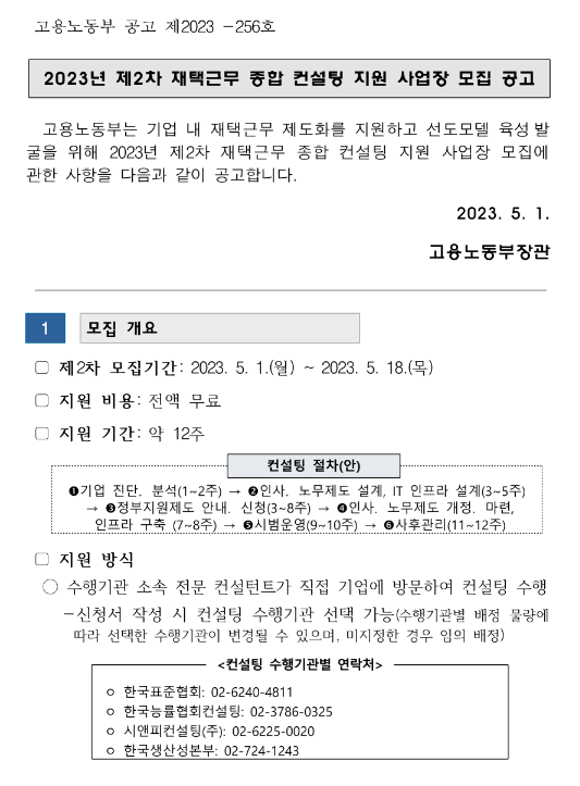 2023년 2차 재택근무 종합 컨설팅 지원 사업장 모집 공고