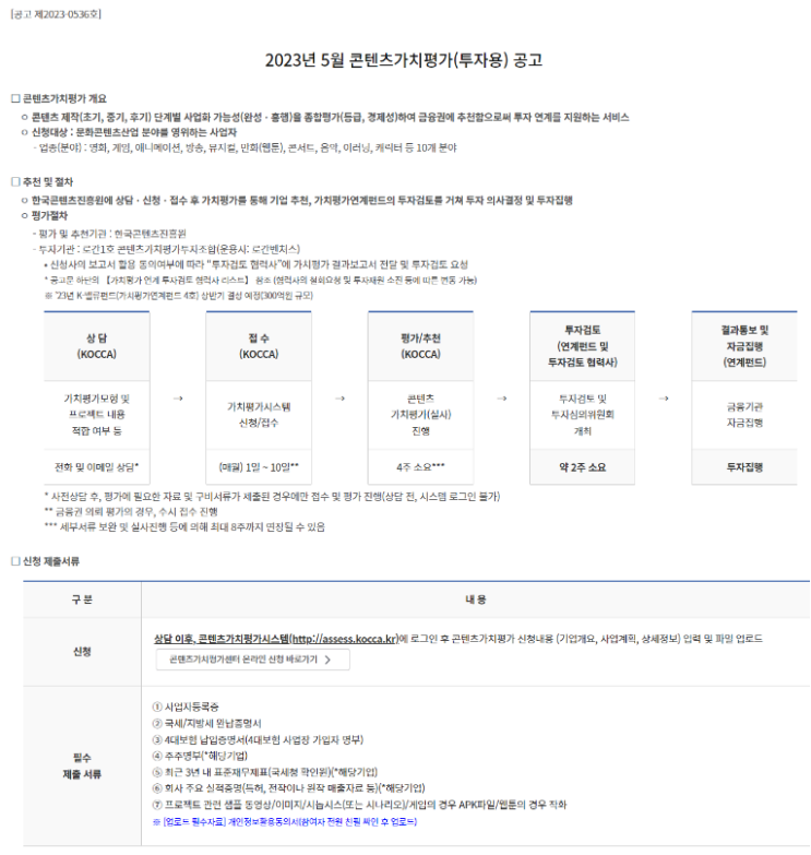 2023년 5월 콘텐츠가치평가(투자용) 공고