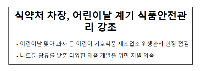 식약처 차장, 어린이날 계기 식품안전관리 강조 식약처 차장, 어린이날 계기 식품안전관리 강조