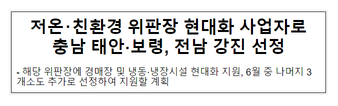 저온·친환경 위판장 현대화 사업자로 충남 태안·보령, 전남 강진 선정 저온·친환경 위판장 현대화 사업자로 충남 태안·보령, 전남 강진 선정