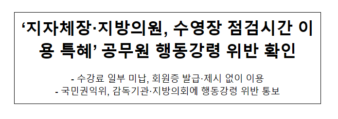 ‘지자체장·지방의원, 수영장 점검시간 이용 특혜’ 공무원 행동강령 위반 확인 ‘지자체장·지방의원, 수영장 점검시간 이용 특혜’ 공무원 행동강령 위반 확인