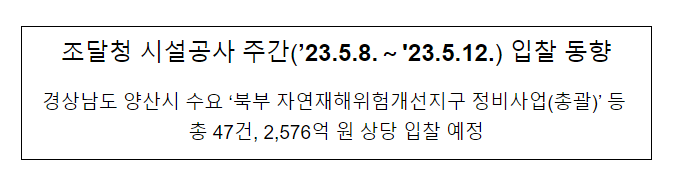 시설공사 주간(’23.5.8.~’23.5.12.) 입찰 동향 시설공사 주간(’23.5.8.~’23.5.12.) 입찰 동향