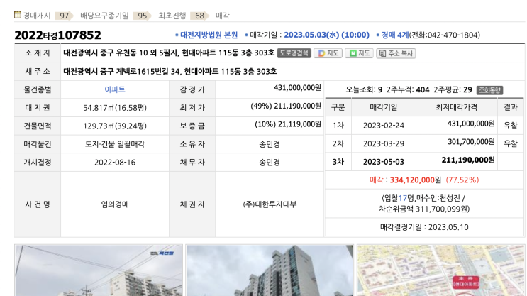  [2022타경107852] 대전 중구 현대아파트 모의경매분석 결과