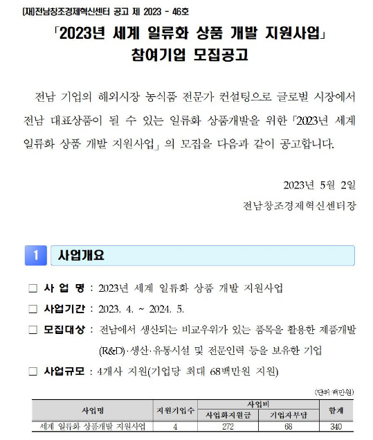 [전남] 2023년 세계 일류화 상품 개발 지원사업 참여기업 모집 공고