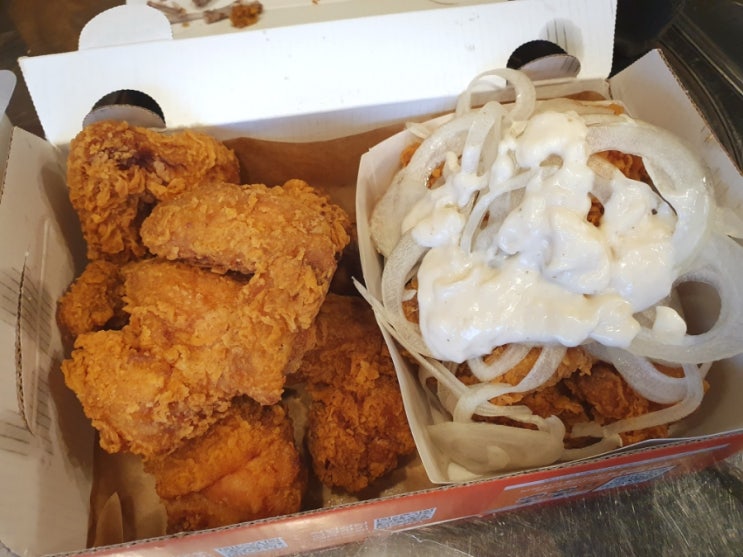  공주 자담 치킨 후라이드 크리미 양파 날다닭 반반 맛집 배달음식 야식 비오는날 튀김 메뉴 추천