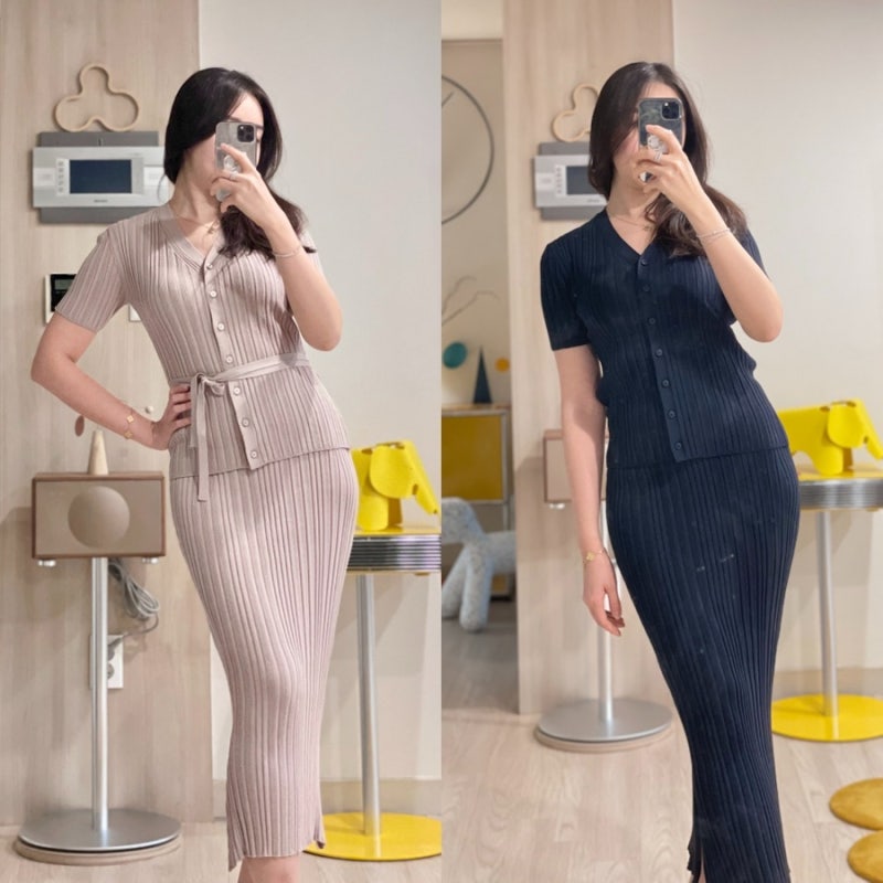 시에 SIE : 보브 벨티드 가디건 (베이지, 네이비), 머메이드 스커트 (스탠다드, 맥시)