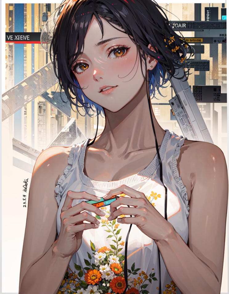  AI 그림) mp3 플레이어 듣는 단발 여자 그려줘