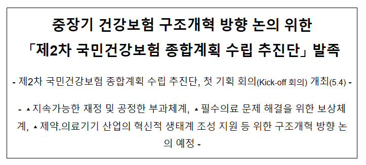 중장기 건강보험 구조개혁 방향 논의 위한 「제2차 국민건강보험 종합계획 수립 추진단」 발족