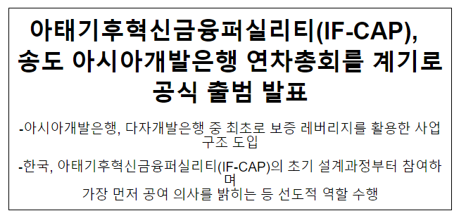 아태기후혁신금융퍼실리티(IF-CAP), 송도 아시아개발은행 연차총회를 계기로 공식 출범 발표 아태기후혁신금융퍼실리티(IF-CAP), 송도 아시아개발은행 연차총회를 계기로 공식 출범 발표