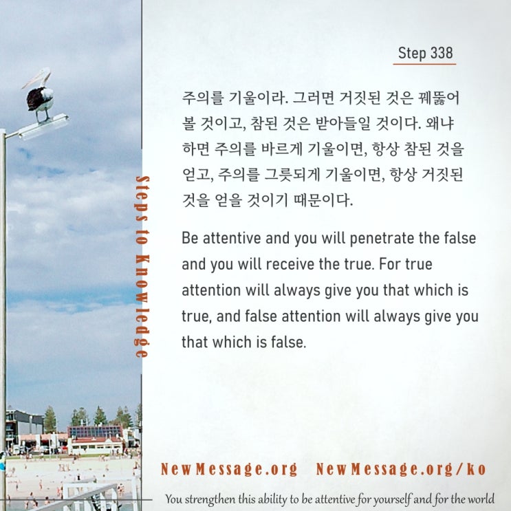 제 338 계단 : 나는 오늘 주의를 기울일 것이다 Today I will be attentive. 제 338 계단 : 나는 오늘 주의를 기울일 것이다 Today I will be attentive.