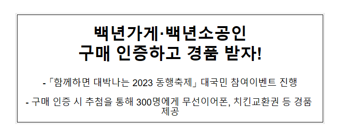 백년가게·백년소공인 구매 인증하고 경품 받자! 백년가게·백년소공인 구매 인증하고 경품 받자!