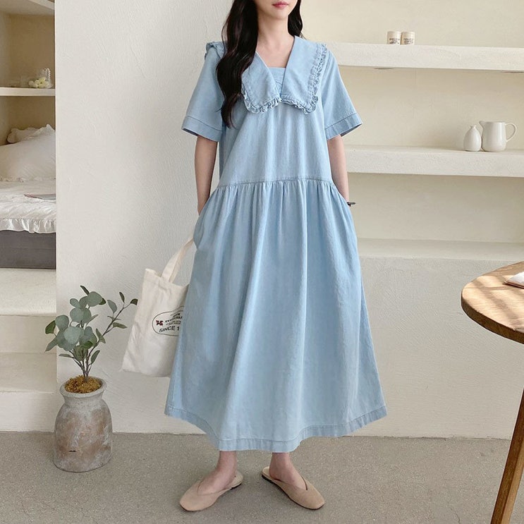  데님 원피스 프릴 카라 청 원피스 국내생산