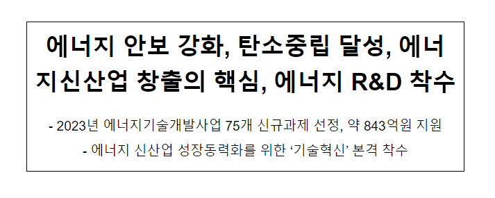 에너지 안보 강화, 탄소중립 달성, 에너지신산업 창출의 핵심, 에너지 R&D 착수 에너지 안보 강화, 탄소중립 달성, 에너지신산업 창출의 핵심, 에너지 R&D 착수