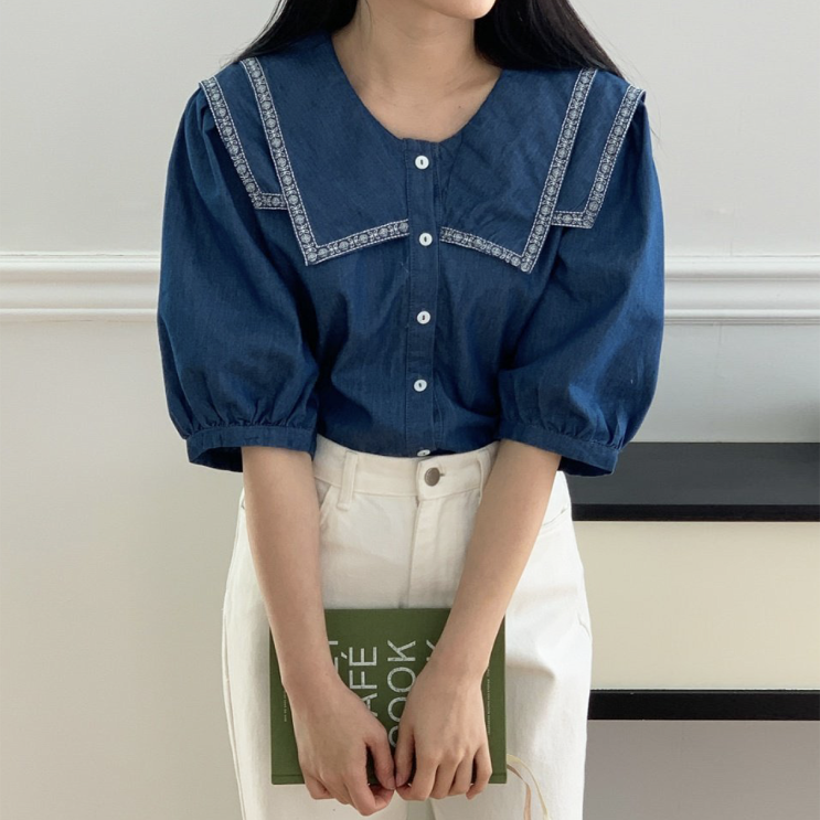  여성 데님 셔츠 자수 블라우스 청남방