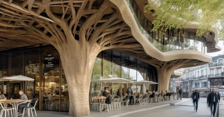 '생명의 나무' 레스토랑 Organic free-form tree restaurants grow amid the cityscape using midjourney