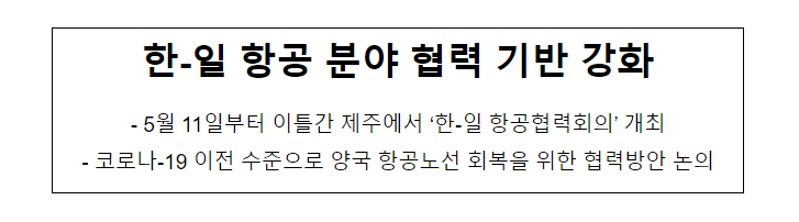 한-일 항공 분야 협력 기반 강화,5월 11일부터 이틀간 제주에서 ‘한-일 항공협력회의’ 개최_국토교통부 한-일 항공 분야 협력 기반 강화,5월 11일부터 이틀간 제주에서 ‘한-일 항공협력회의’ 개최_국토교통부