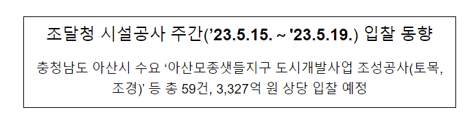 시설공사 주간(’23.5.15.~’23.5.19.) 입찰 동향_조달청 시설공사 주간(’23.5.15.~’23.5.19.) 입찰 동향_조달청