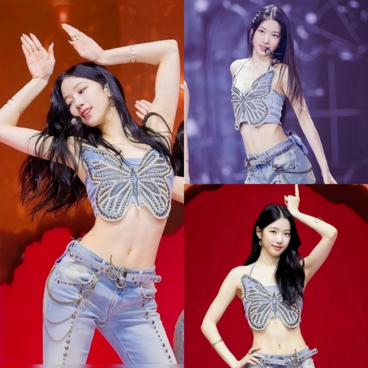  카즈하 y2k 옷 여자 청청패션 브라탑 부츠컷 팬츠 청바지 벨트 앵클부츠 브랜드?
