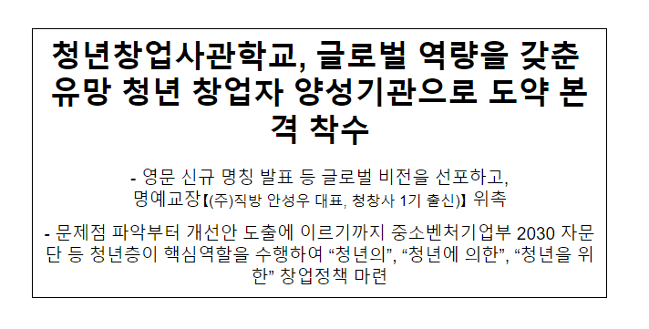 청년창업사관학교, 글로벌 역량을 갖춘 유망 청년 창업자 양성기관으로 도약 본격 착수 청년창업사관학교, 글로벌 역량을 갖춘 유망 청년 창업자 양성기관으로 도약 본격 착수