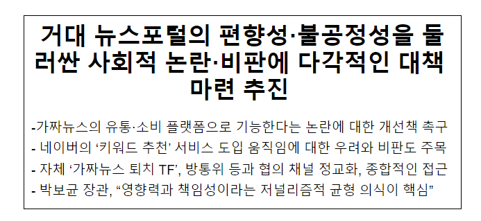 거대 뉴스포털의 편향성·불공정성을 둘러싼 사회적 논란·비판에 다각적인 대책 마련 추진 거대 뉴스포털의 편향성·불공정성을 둘러싼 사회적 논란·비판에 다각적인 대책 마련 추진