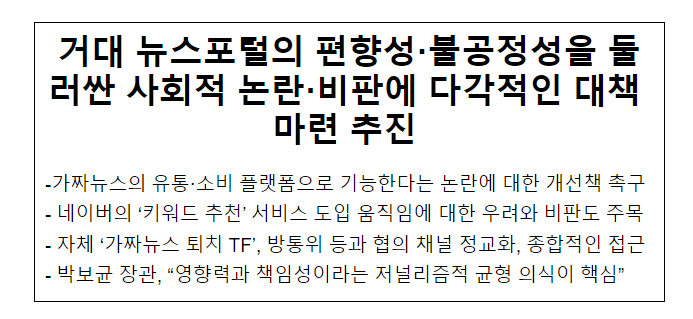 거대 뉴스포털의 편향성·불공정성을 둘러싼 사회적 논란·비판에 다각적인 대책 마련 추진