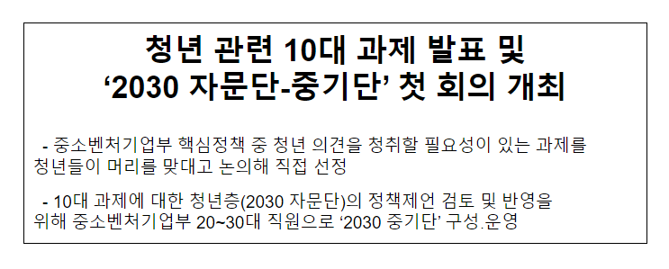 청년 관련 10대 과제 발표 및 ‘2030 자문단-중기단’ 첫 회의 개최 청년 관련 10대 과제 발표 및 ‘2030 자문단-중기단’ 첫 회의 개최