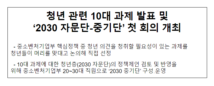 청년 관련 10대 과제 발표 및 ‘2030 자문단-중기단’ 첫 회의 개최