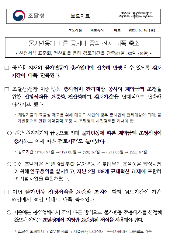 물가변동에 따른 공사비 증액 절차 대폭 축소 물가변동에 따른 공사비 증액 절차 대폭 축소