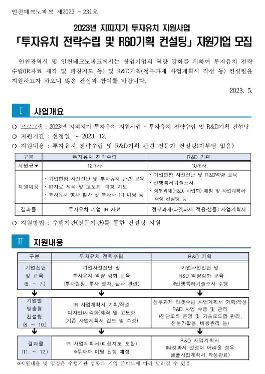 [인천] 2023년 지피지기 투자유치 지원사업 투자유치 전략수립 및 R&D기획 컨설팅 지원기업 모집 공고