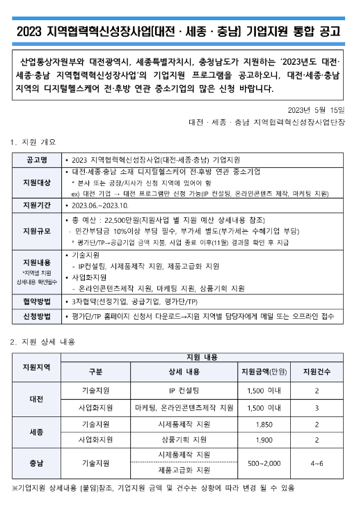 [대전ㆍ세종ㆍ충남] 2023년 지역협력혁신성장사업 지원기업 통합 공고