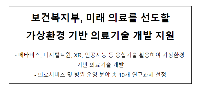 보건복지부, 미래 의료를 선도할 가상환경 기반 의료기술 개발 지원 보건복지부, 미래 의료를 선도할 가상환경 기반 의료기술 개발 지원