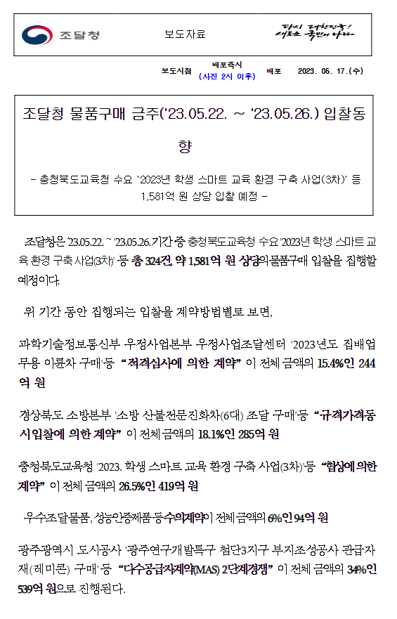 조달청 물품구매 금주('23.05.22. ~ '23.05.26.) 입찰동향 조달청 물품구매 금주('23.05.22. ~ '23.05.26.) 입찰동향