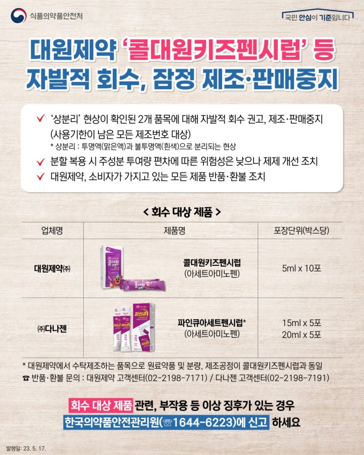  어린이 해열제, 결국 콜대원키즈펜과 파인큐도 회수 권고
