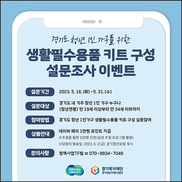 경기청년 1인 가구 생활필수용품 키트구성 설문조사(네페 1만원 100명)추첨 경기청년 1인 가구 생활필수용품 키트구성 설문조사(네페 1만원 100명)추첨