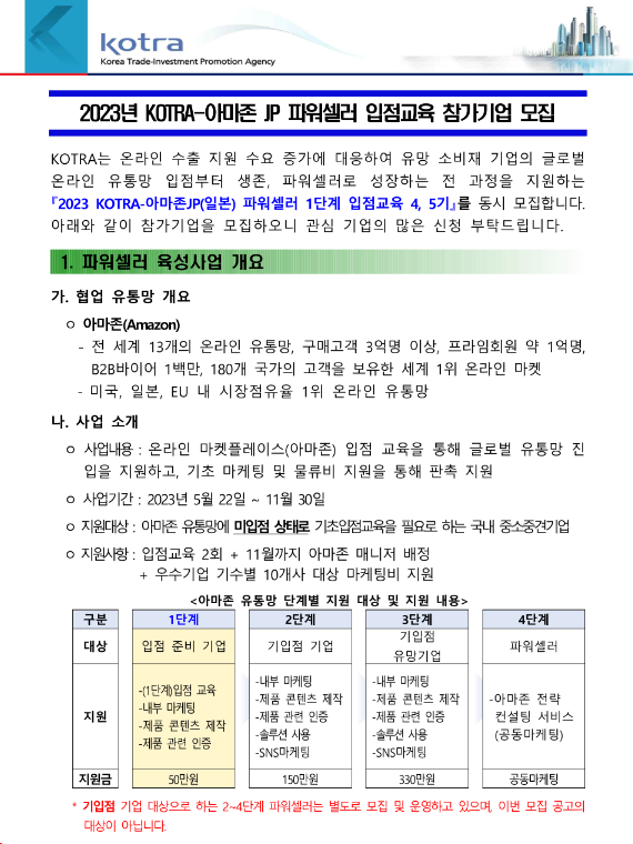2023년 4기ㆍ5기 KOTRA-아마존JP 파워셀러 1단계 입점교육 참가기업 모집 공고 2023년 4기ㆍ5기 KOTRA-아마존JP 파워셀러 1단계 입점교육 참가기업 모집 공고